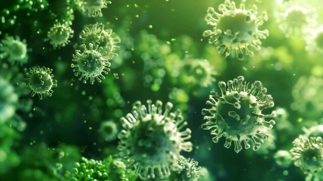 Close-up virus floating in front of a green background, medical laboratory research treatment and microbiology and virology.