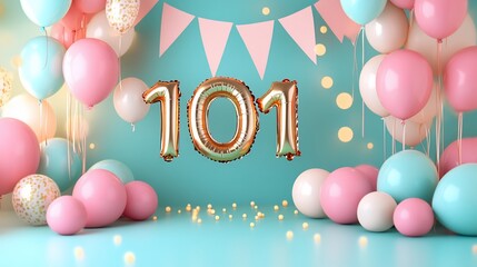 Festive 101st birthday scene with balloons and confetti.