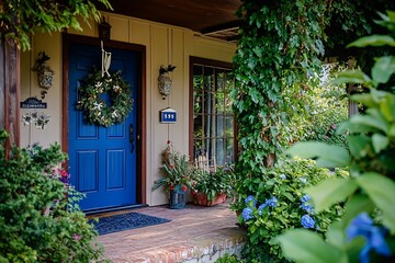 Naklejka premium Festive blue front door, wreath, plants, porch.