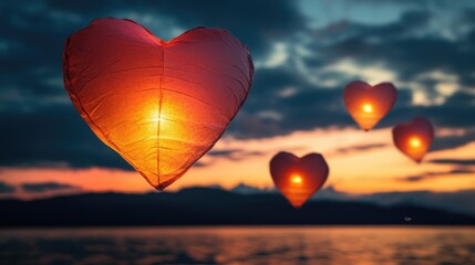 Fototapeta premium Romantic Heart Sky Lanterns at Sunset Over Lake