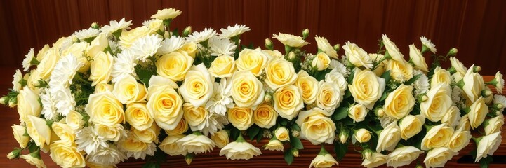 A garland of white chrysanthemums and pale yellow roses wrapped around a wooden casket, elegy garland, quiet reflection, condolence arrangement
