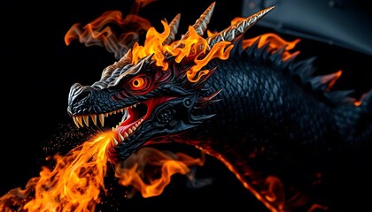 Fototapeta premium Black dragon on a black background. Generated by AI Dragon with fire in Black background.