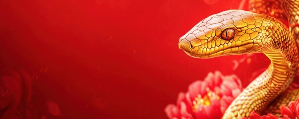 Obraz premium Chinese new year (Snake year) Background. A golden snake against a vibrant red background adorned with flowers, symbolizing beauty and mystique.