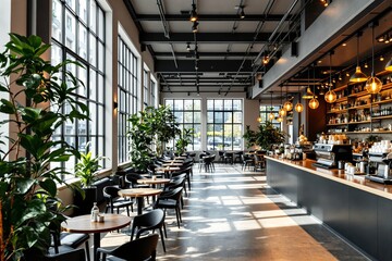 Spacious cafe interior with large windows, wooden furniture, lush green plants, and warm lighting. Contemporary design on a bright day. Concept of modern cozy cafes. Ai generative