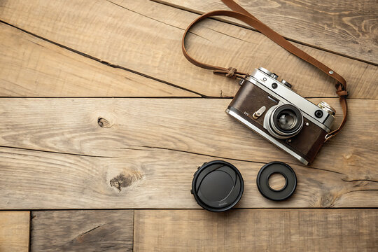 Celebrating national photography month with vintage camera and lens cap. - Powered by Adobe