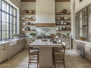 Elegant Kitchen Island with Neutral Tones and Wooden Shelving