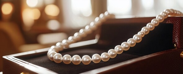 Elegant pearl necklace in a luxurious jewelry box.