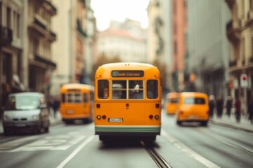 Vintage yellow bus on city street, blurred background.