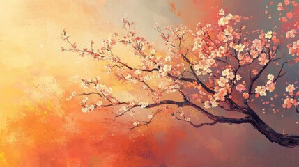 Peach Blossom Branch Against Warm Sunset Hues