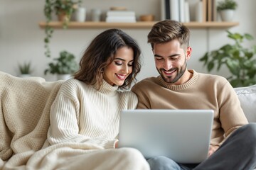 Fototapeta premium A happy couple is sitting on a sofa using a laptop in a cozy living room, featuring natural light, a warm atmosphere, and indoor plants. Ai generative
