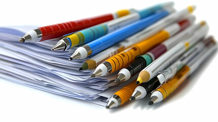 Pens and Pencils Rest on Paper Stack Close Up