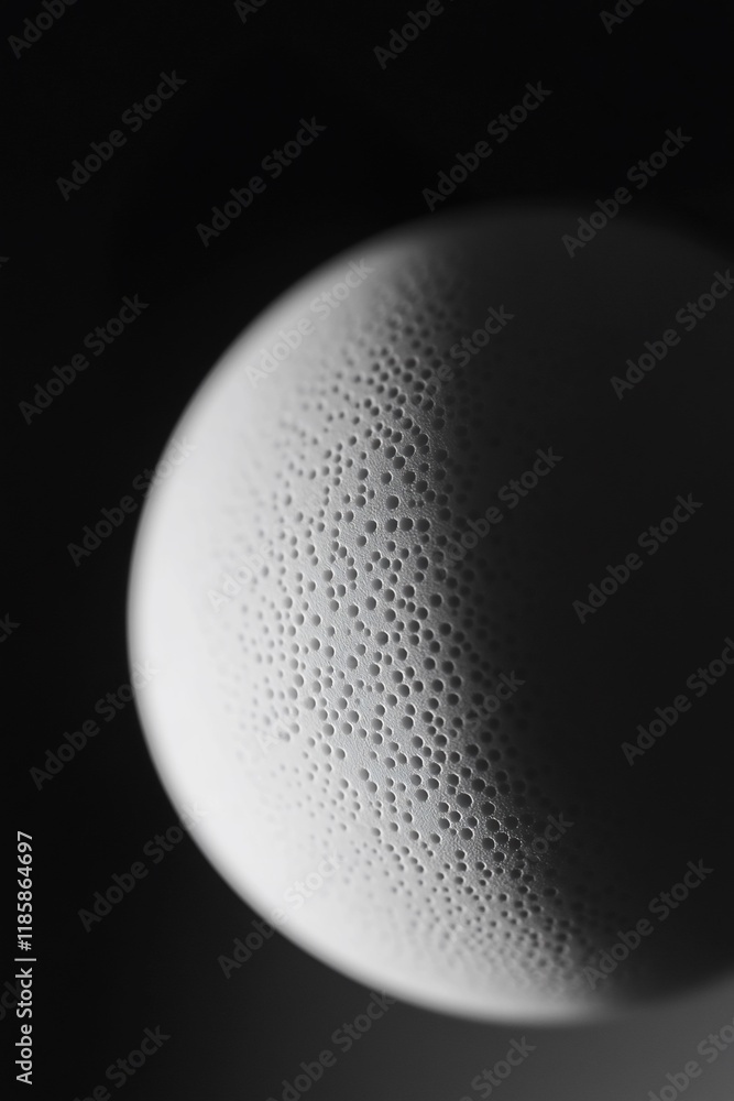 Poster close-up of a textured sphere, illuminated from the side, showing a contrast of light and shadow.