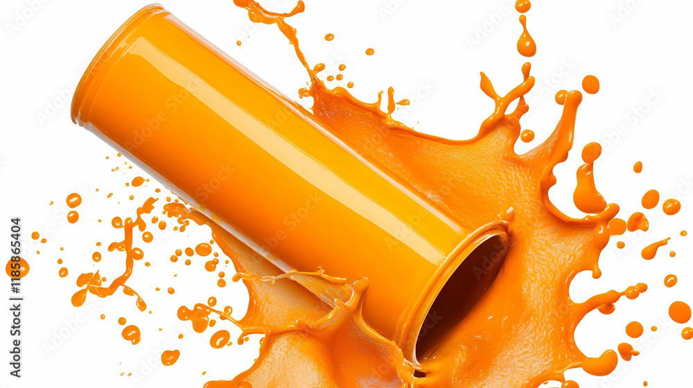 Poster orange liquid splashes dynamically on white background