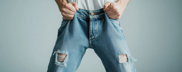 Frustrated person pulling at oversized ripped jeans, expressing annoyance. light blue denim features distressed details, showcasing casual style