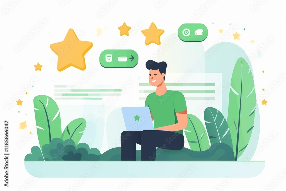 Poster software developer receiving positive feedback, five star rating and achieving goals for excellent p