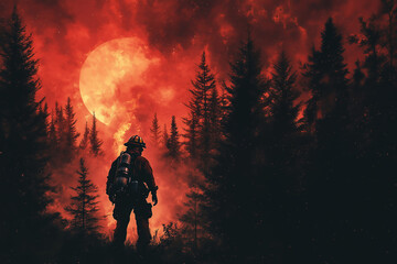Fototapeta premium fire in the forest and full moon 