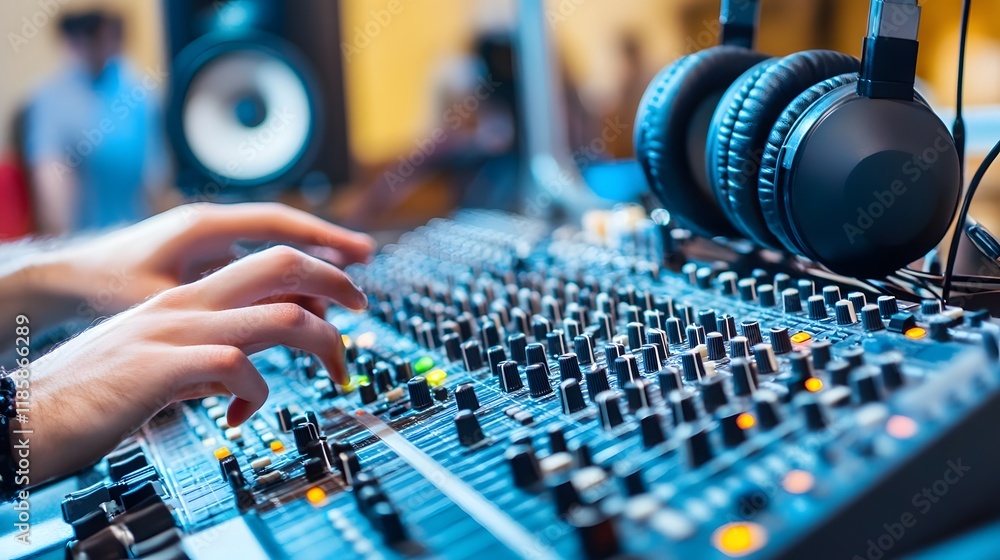 Poster hands adjusting audio mixing console controls