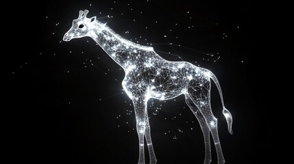 Glowing digital giraffe, polygonal lines, dark background.