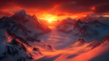 Obraz premium Snowy Mountain Peaks Glow at Sunset with Orange Hues
