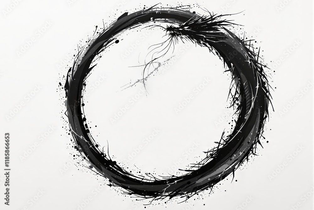 Poster abstract circular ink stroke with intricate splatters and textures, monochrome design, centered on a