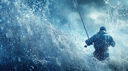 Naklejka premium Dramatic Fishing Scene: Angler Battling Waves