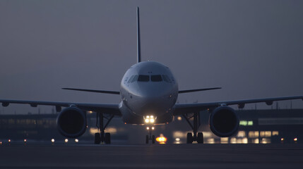 Naklejka premium commercial jet taxiing on runway at dusk, showcasing its landing gear and lights. scene captures anticipation of flight in serene atmosphere