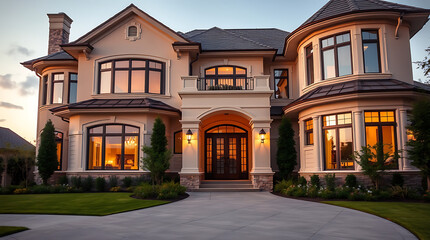 Fototapeta premium A large, two-story beige house with dark-framed windows, a circular turret, and a large front door is illuminated at dusk. Landscaping and a paved driveway are visible.