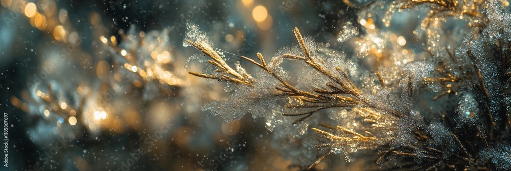 Poster close-up of frost-covered branches with blurred bokeh lights in background.