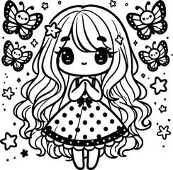 A cute kawaii-style girl with long flowing hair, wearing a polka-dot dress. Cartoon comic vector illustration