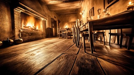Rustic dining room with fireplace, wooden tables, chairs, and floor.