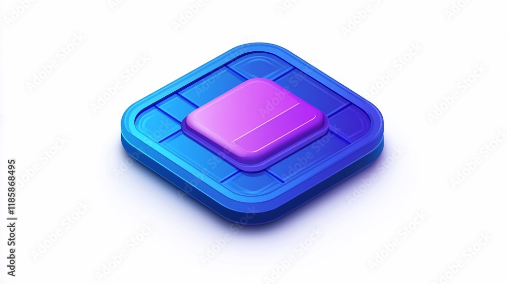 Aufkleber isometric 3d rendering of a blue square with a purple button.