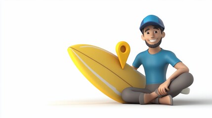 Happy cartoon man sitting with surfboard and location pin.