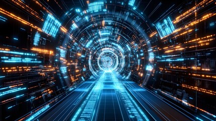 Futuristic Digital Tunnel  Neon Lights  Data Stream  Abstract Background