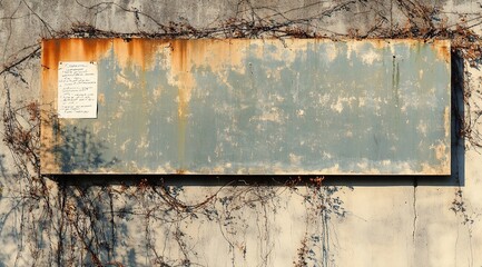 Fototapeta premium Rusty metal sign on weathered concrete wall with vines.