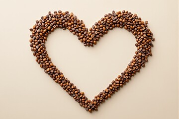 Obraz premium Coffee beans arranged in a heart shape on beige background, symbolizing love for coffee and warmth, minimalist artistic composition. Ai generative