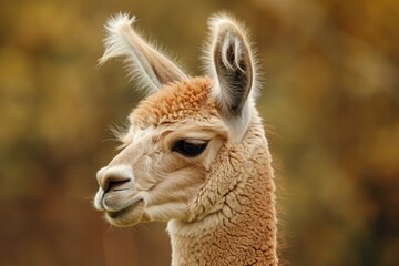 Obraz premium Close up of a young alpaca with fluffy fur and long ears, looking calm and serene against a blurred background