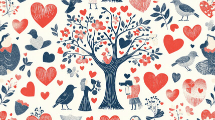 February 14 day of love seamless pattern, Valentines day. Vector male and female signs, tree with hearts, cupid looking at binoculars. Elixir of love and doves, couple of swains and flower bouquets