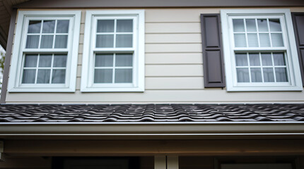 Fototapeta premium Beige house exterior with two white double-hung windows, dark brown shutters, and a dark grey roof. The image shows the upper portion of the house, focusing on the windows and roofline.