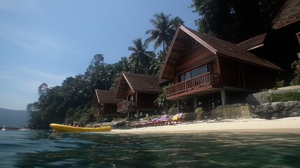 Fototapeta premium Tropical beach bungalows on stilts with kayak in clear water.