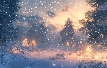 Naklejka premium Magical winter sunset in snowy forest with glowing trees.