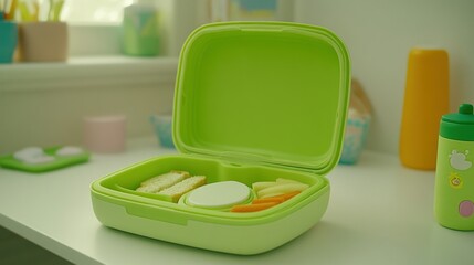 Green plastic lunchbox with sandwich, carrots, and dip, on a white table.