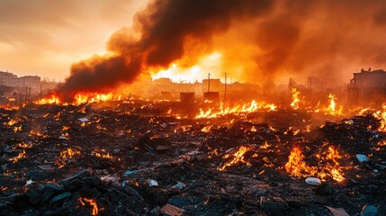 Devastating wildfire engulfing a landscape at sunset
