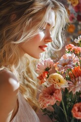 Close-up of a woman with flowers in her hands. Selective focus