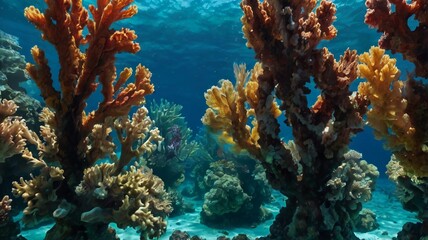 Coral reefs that emit light, coral, close-up shots, self illuminating. colorful coral reefs are displayed in front of you