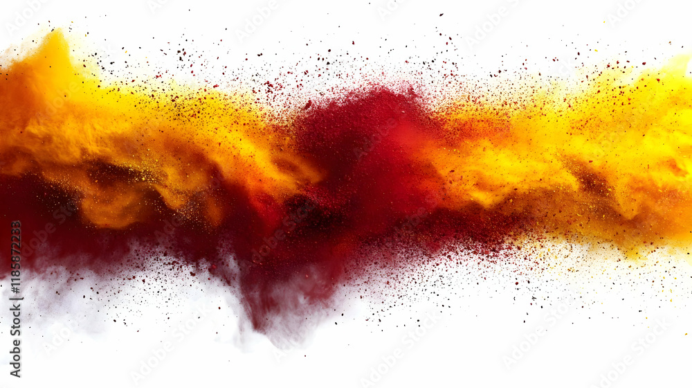 Poster red and yellow powder explodes dynamically on white background