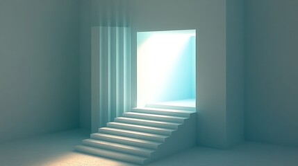 Fototapeta premium Bright light at the end of stairs in a minimalist room.