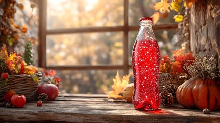 A vibrant Soda Bottle Mockup glows with autumn hues, surrounded by rustic decor, evoking warmth and nostalgia.