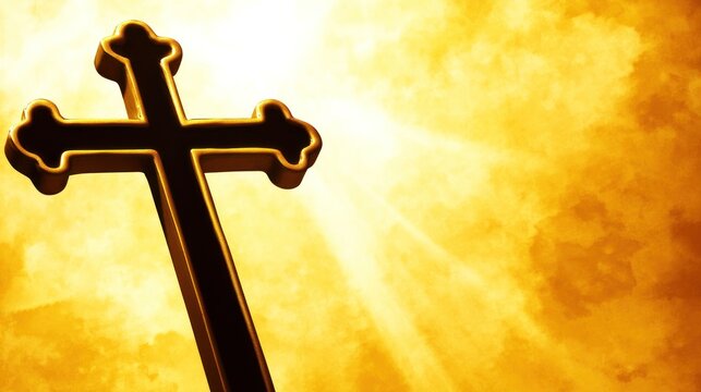Golden cross silhouetted against a radiant, sunlit sky. - Powered by Adobe