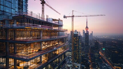 Cityscape at sunset with high-rise building under construction.
