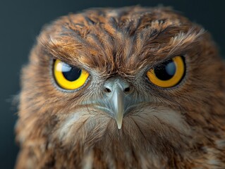 Close-up of an owl's intense stare with striking yellow eyes.
